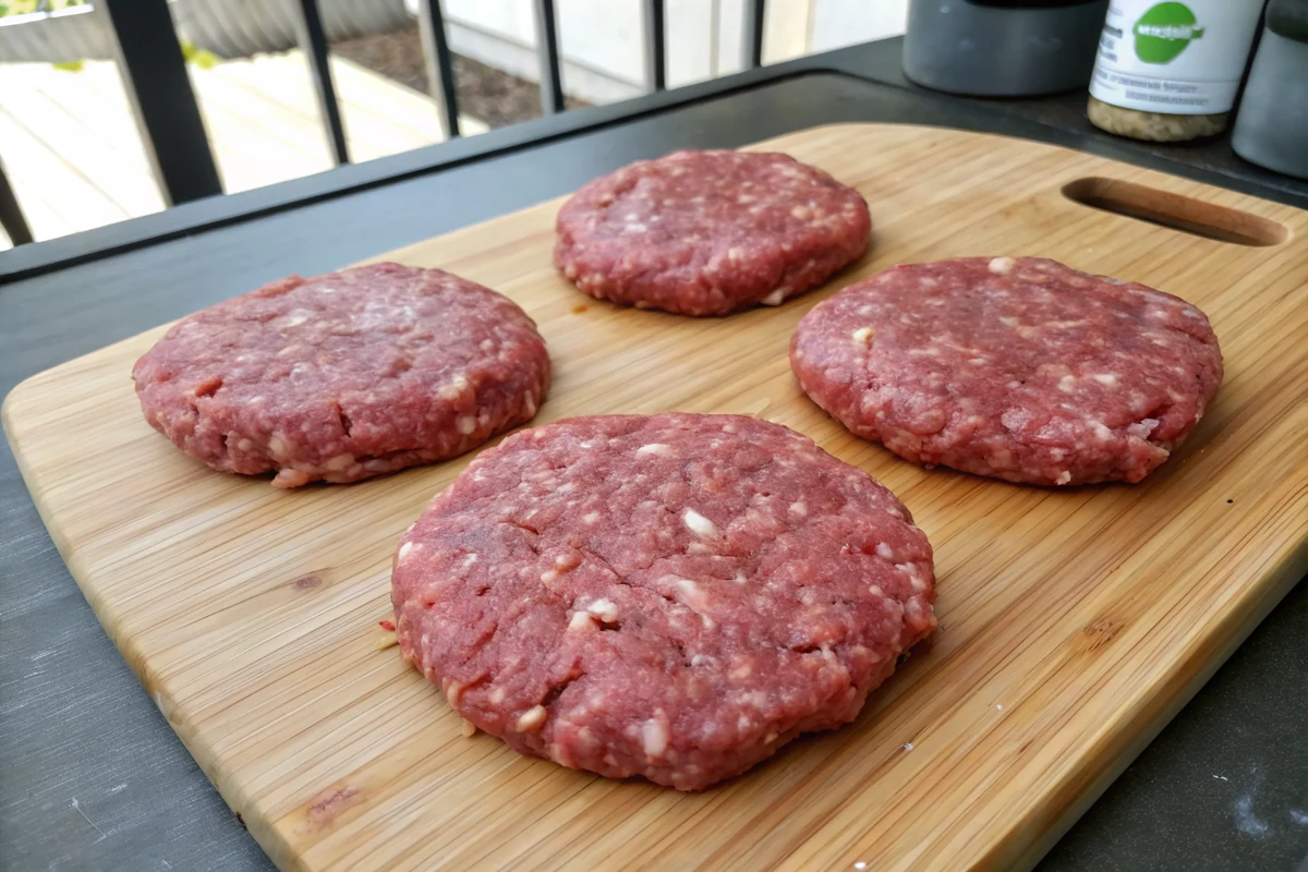 Four loosely formed 80/20 ground beef burger patties with a thumb dimple pressed into the center of each on a board