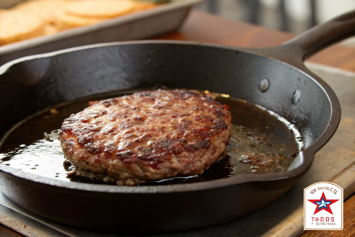 A juicy Texas burger patty searing in a screaming-hot cast-iron skillet with a deep brown crust forming on the edges