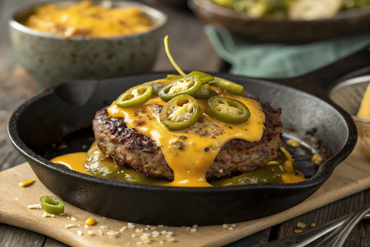 Melted sharp cheddar cheese draping over a seared Texas burger patty topped with sliced jalapenos in a cast-iron skillet