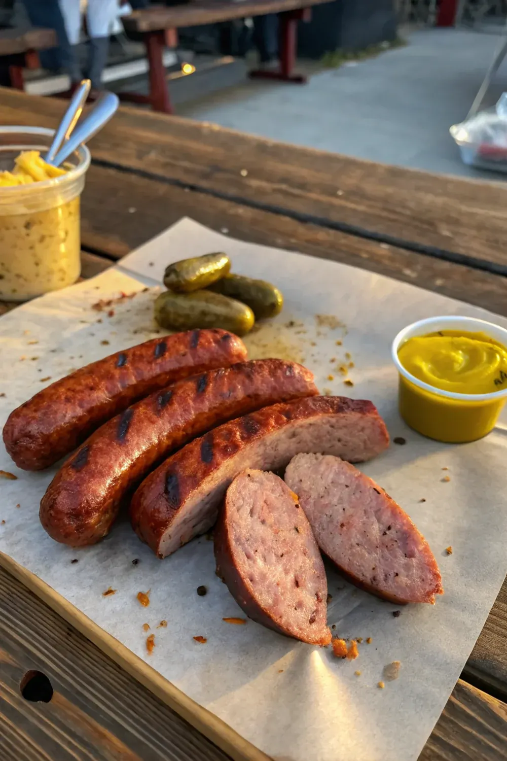 Texas hot links smokehouse sausage Lockhart recipe vertical view, save for the next BBQ weekend or weekend project