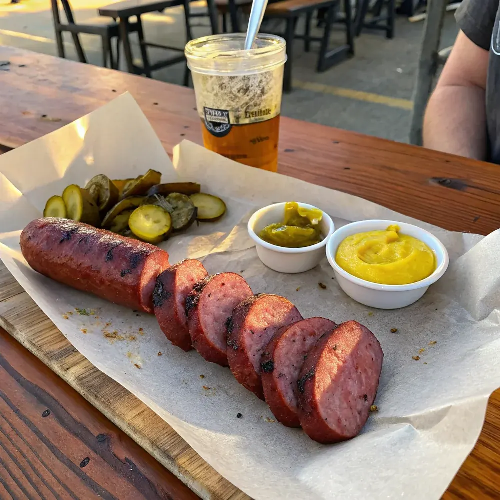 Overhead view of a Lockhart-style platter: hot links, brisket slices, white bread, raw onion, dill pickles, butcher paper, no plate