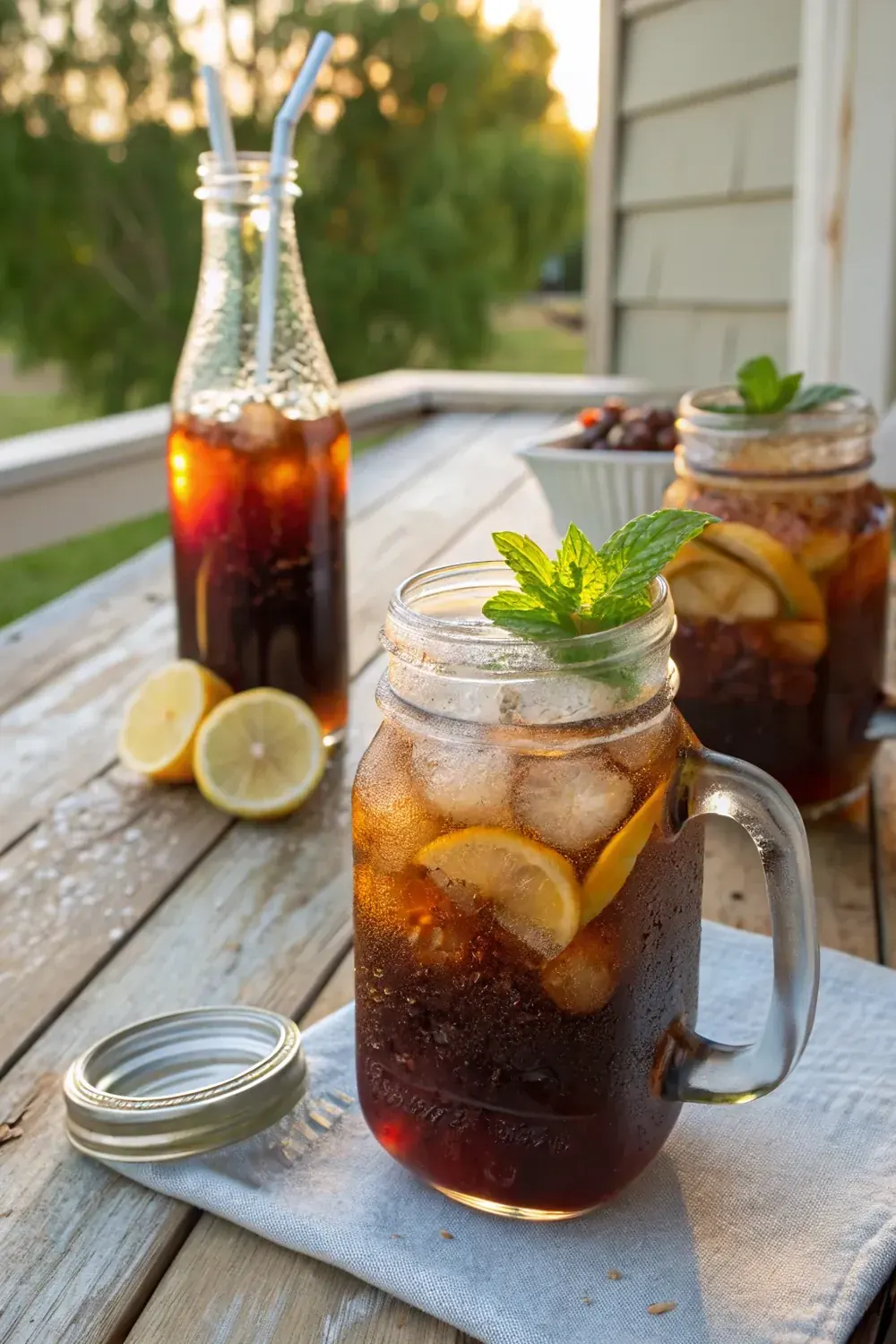 Vertical hero shot of classic Texas sweet tea in a Mason jar, lemon wheel and mint sprig, save this one-cup-per-gallon sweet tea recipe
