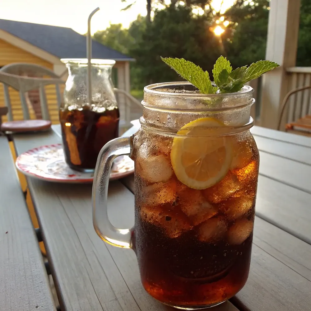 Overhead view of a gallon glass pitcher of Southern sweet tea with sliced lemons and ice cubes, wooden Texas kitchen counter