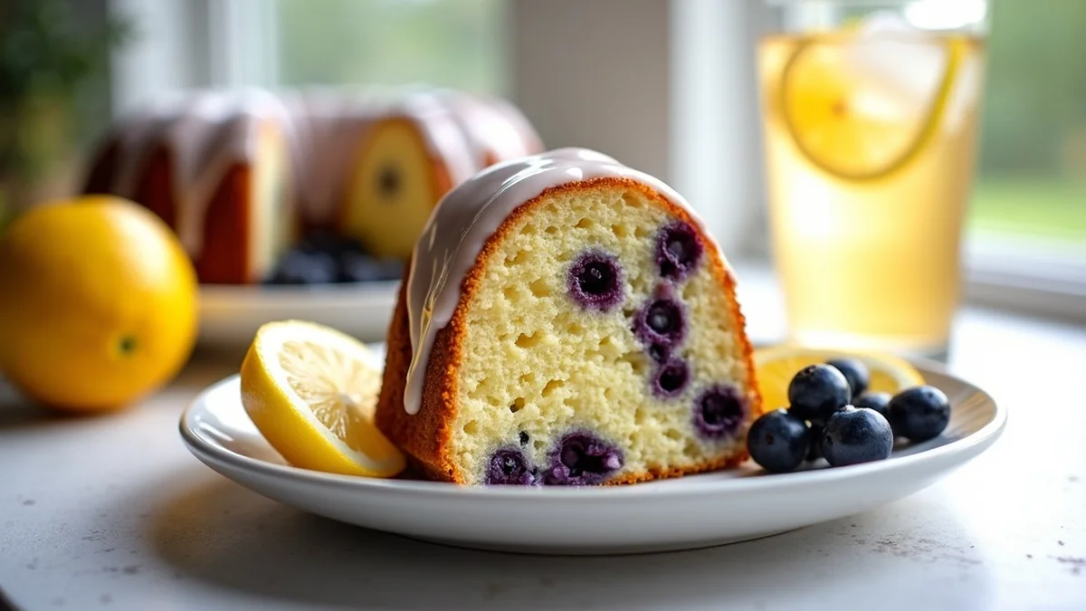 Sliced lemon blueberry pound cake on white ceramic plate, dense moist crumb visible with whole blueberries throughout, drizzle of lemon glaze on top, fresh blueberries and lemon slices garnish, bundt or loaf shape visible, served with iced tea glass nearby, spring-summer Hill Country brunch setting, natural sunlight from window