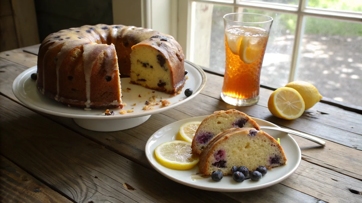 Texas Lemon Blueberry Pound Cake recipe by Chef Mia, photographed in a natural light Texas kitchen