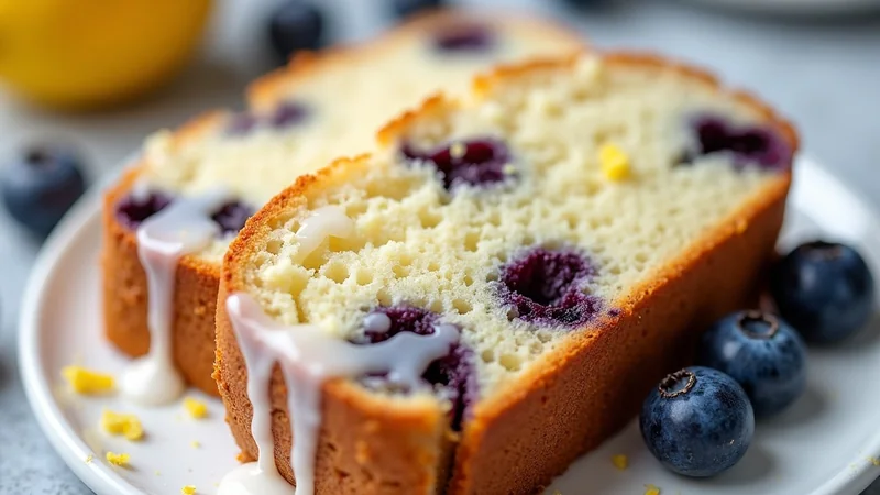 Close-up of a single slice of lemon blueberry pound cake showing the crumb texture, blueberries scattered throughout the slice (not sunken to the bottom), glaze drizzle visible, fresh lemon zest sprinkle