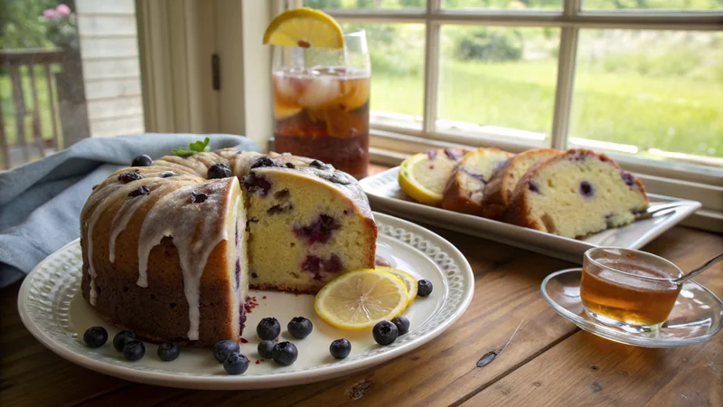 Close-up of a single slice of lemon blueberry pound cake showing the crumb texture, blueberries scattered throughout the slice (not sunken to the bottom), glaze drizzle visible, fresh lemon zest sprinkle