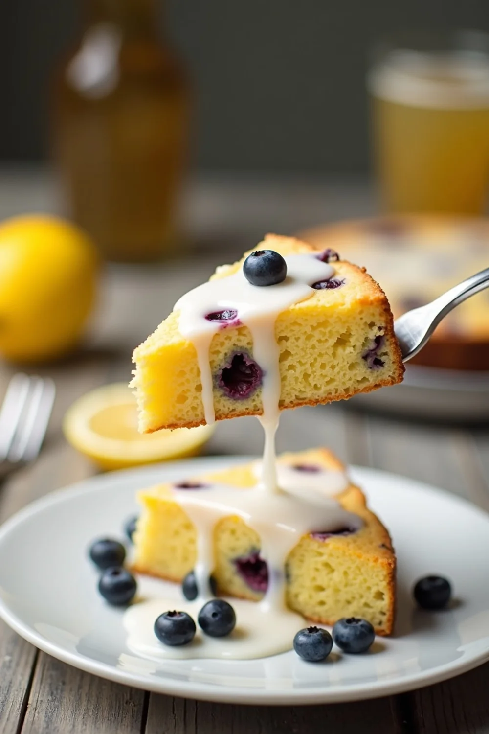 Vertical view of a slice of lemon blueberry pound cake being lifted from a brunch plate with a fork, lemon glaze pooling, blueberries visible in the slice, Hill Country porch brunch aesthetic