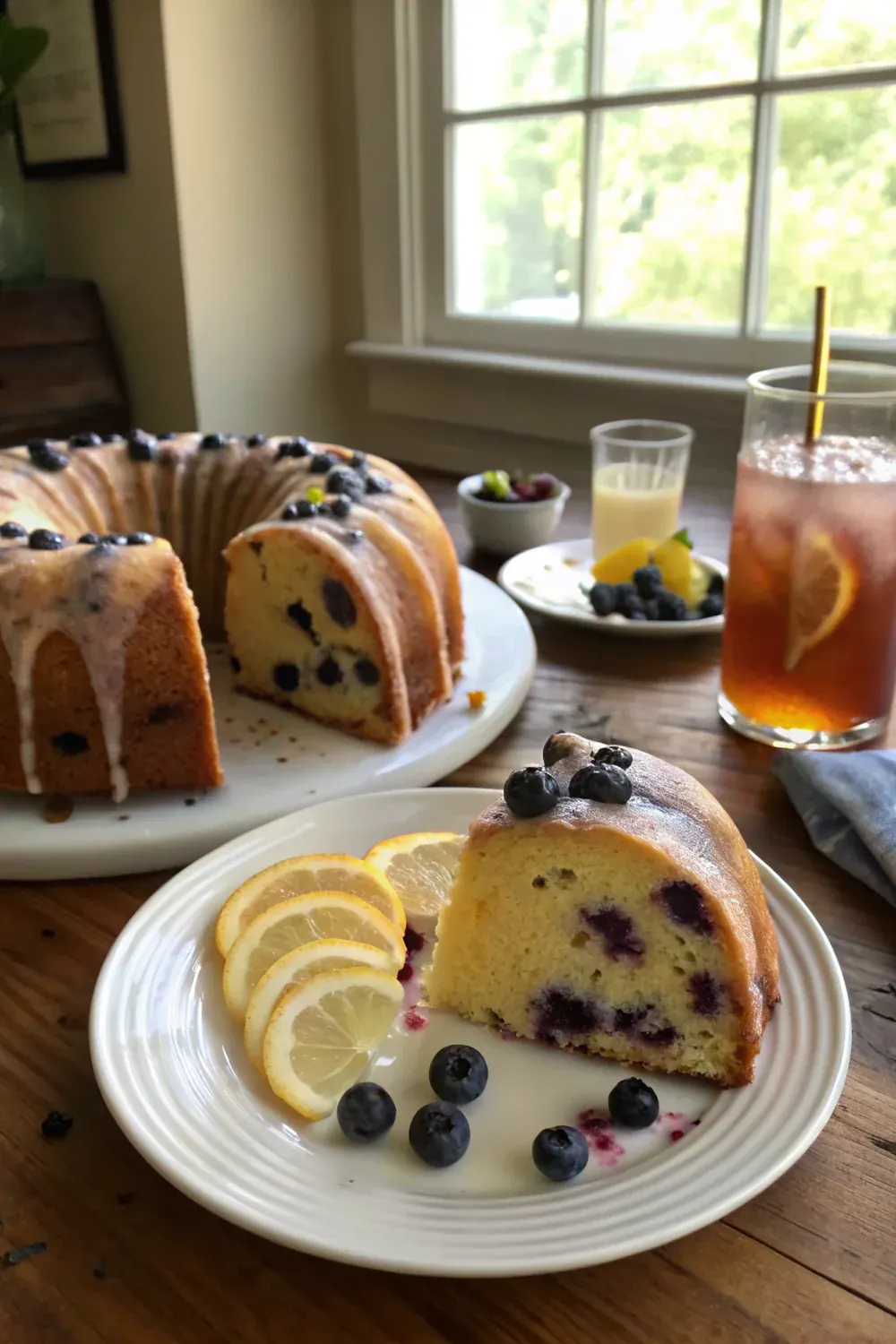 Vertical view of a slice of lemon blueberry pound cake being lifted from a brunch plate with a fork, lemon glaze pooling, blueberries visible in the slice, Hill Country porch brunch aesthetic