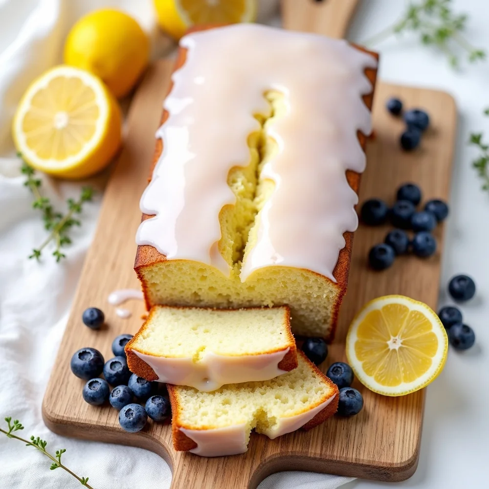 Overhead view of the whole pound cake on a wooden cutting board, lemon glaze coating the top, fresh blueberries piled around the cake, cut lemon halves, spring-summer brunch table