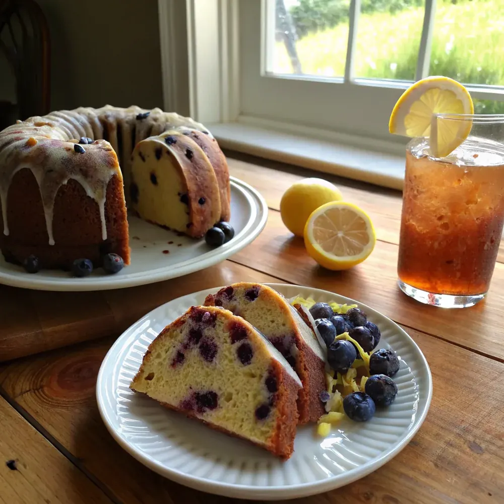 Overhead view of the whole pound cake on a wooden cutting board, lemon glaze coating the top, fresh blueberries piled around the cake, cut lemon halves, spring-summer brunch table