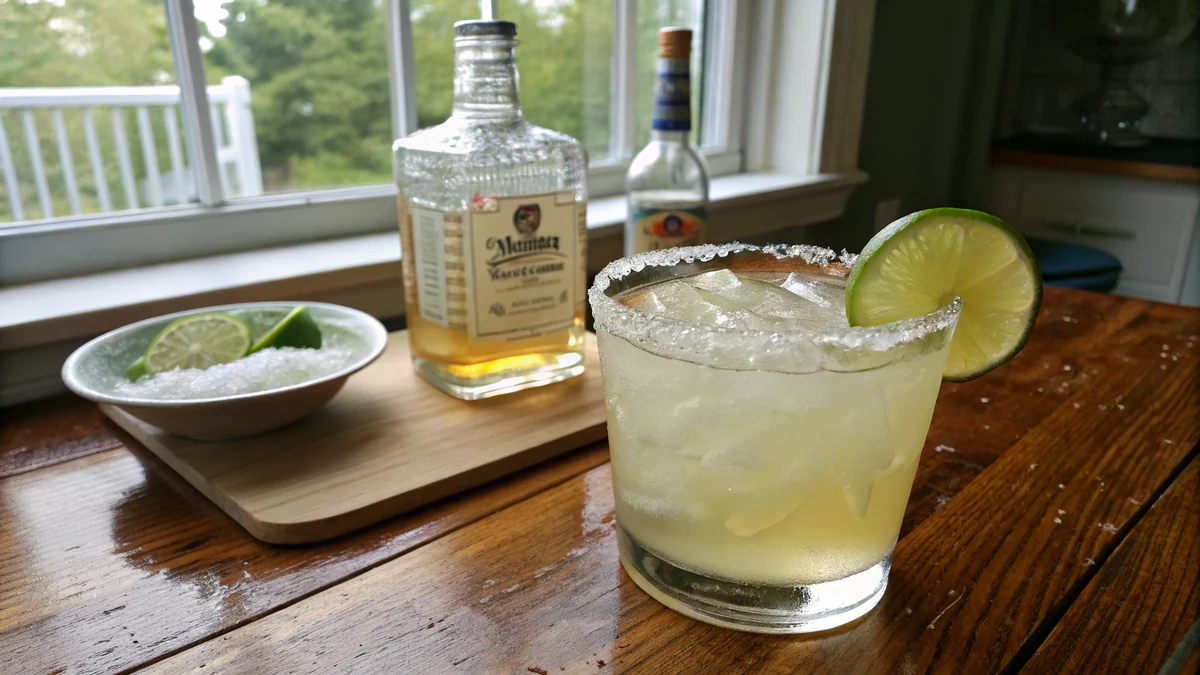 Texas margarita on the rocks in a salt-rimmed rocks glass with a lime wheel garnish, fresh limes and a bottle of blanco tequila beside it