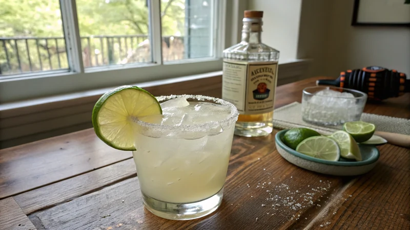 Close-up of fresh lime juice being squeezed into a cocktail shaker for a Texas margarita, kosher salt rim glass in the background