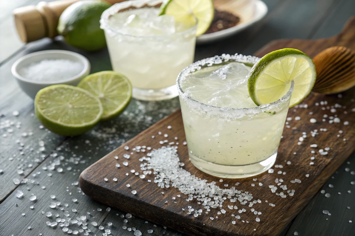 Close-up of fresh lime juice being squeezed into a cocktail shaker for a Texas margarita, kosher salt rim glass in the background