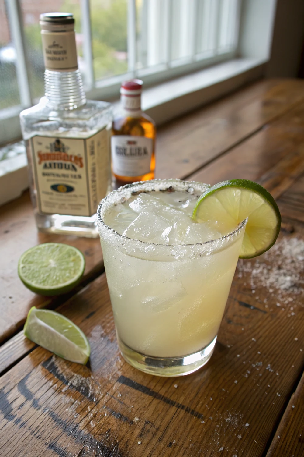 Vertical view of a salt-rimmed Texas margarita on the rocks, save this authentic 3-2-1 recipe with blanco tequila and Cointreau