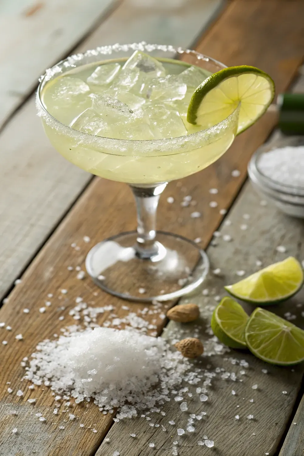 Vertical view of a salt-rimmed Texas margarita on the rocks, save this authentic 3-2-1 recipe with blanco tequila and Cointreau