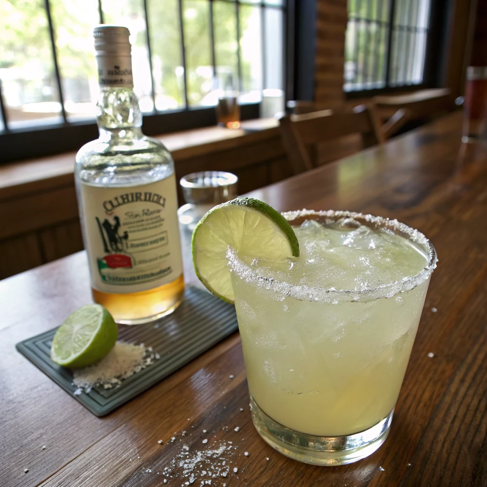 Overhead view of a Texas margarita on a Tex-Mex bar with chips, salsa, and a sliced lime on a wooden cutting board