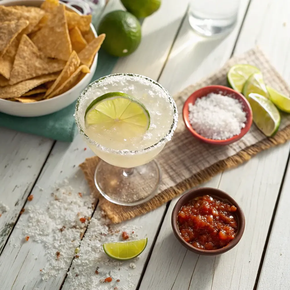 Overhead view of a Texas margarita on a Tex-Mex bar with chips, salsa, and a sliced lime on a wooden cutting board