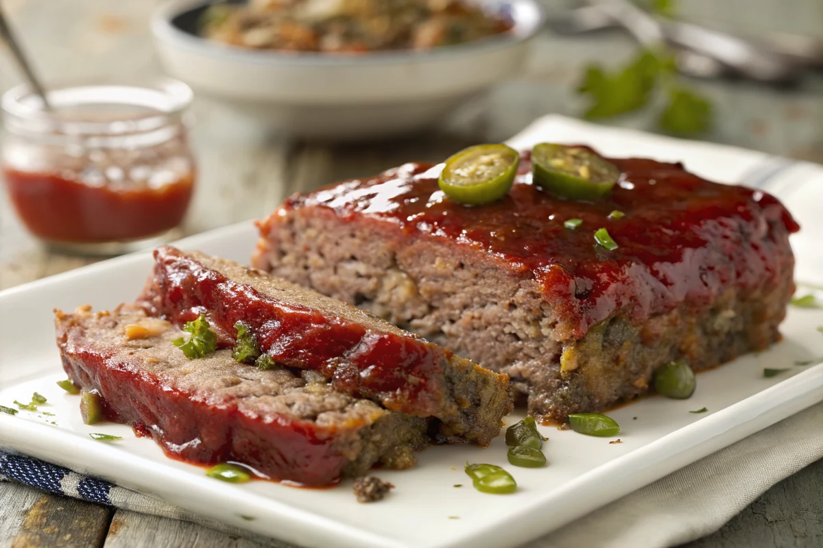 Close-up of a thick slice of Texas meatloaf showing a moist beef interior flecked with onion and jalapeno under a shiny red glaze