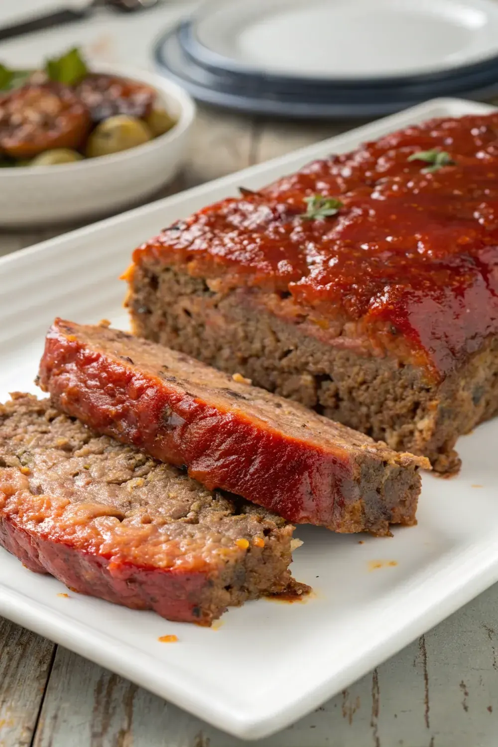Juicy Texas meatloaf with a tangy chili-tomato glaze sliced to show the moist interior, vertical pin to save for dinner