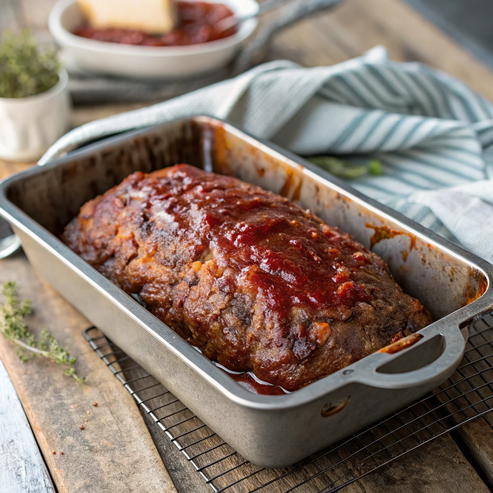 Overhead shot of a whole glazed Texas meatloaf in a loaf pan with a caramelized chili-tomato glaze on top