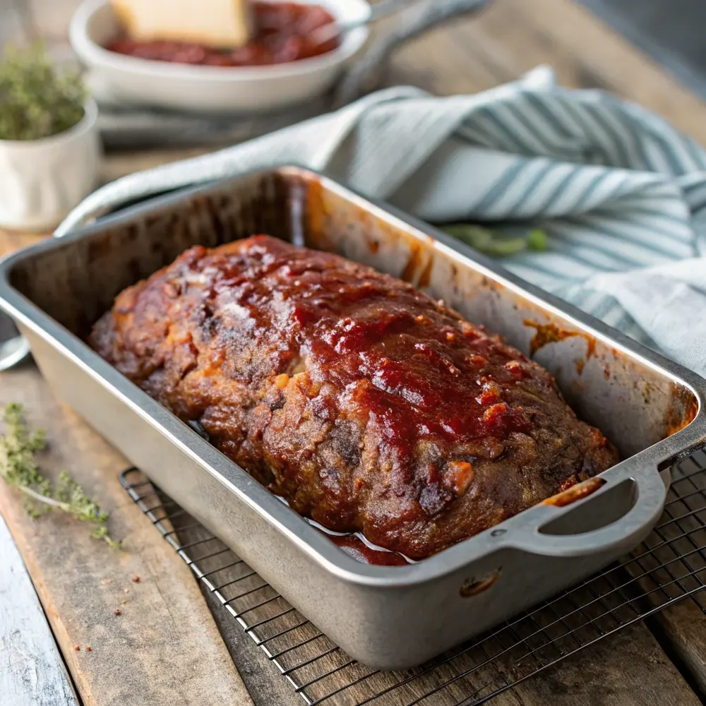 Overhead shot of a whole glazed Texas meatloaf in a loaf pan with a caramelized chili-tomato glaze on top