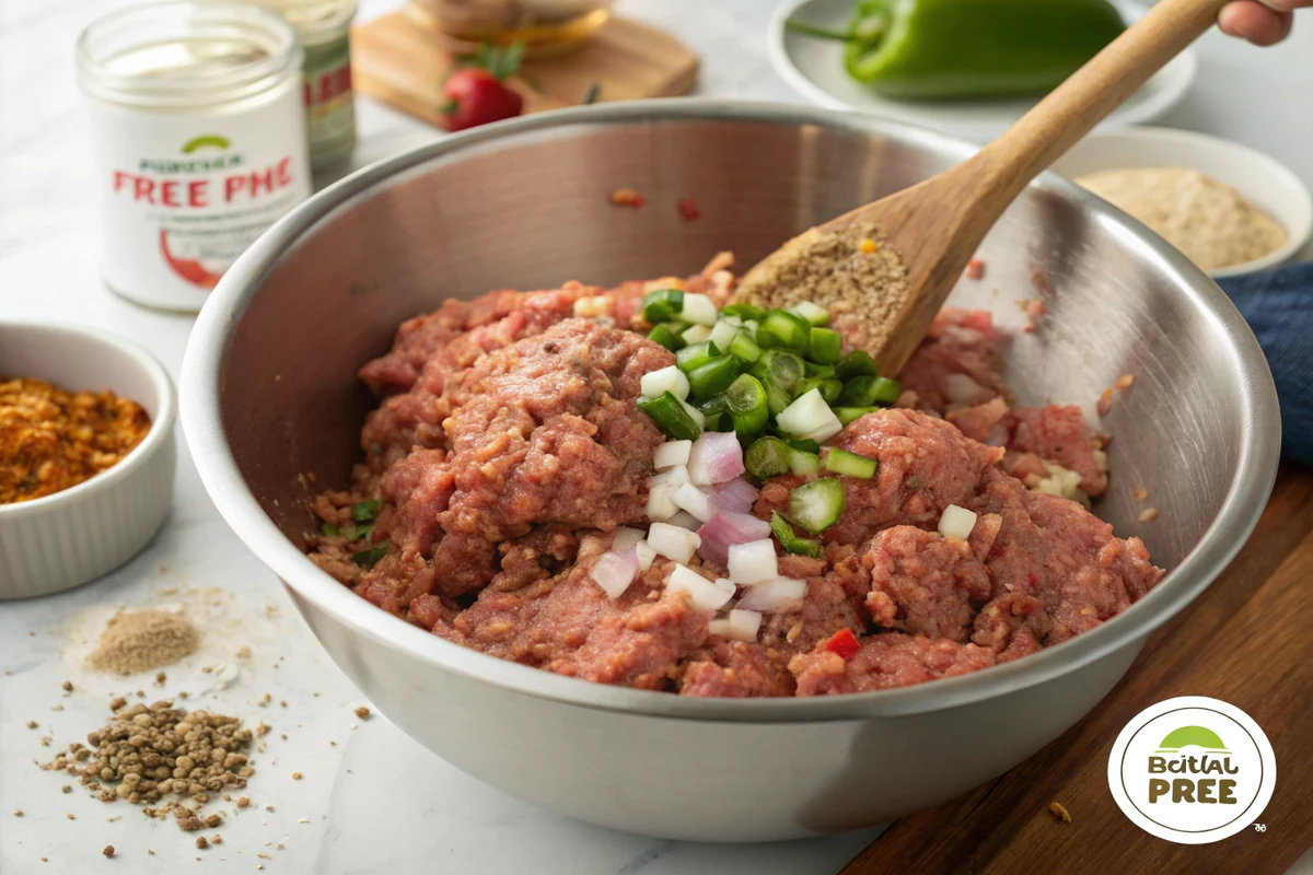 The seasoned meatloaf mixture with diced onion, jalapeno, and spices being mixed in a large bowl