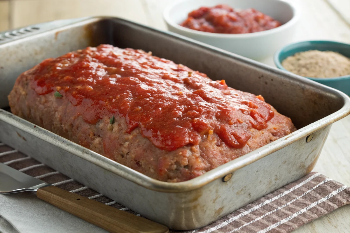 The shaped raw meatloaf brushed with a glossy red chili-tomato glaze in a loaf pan