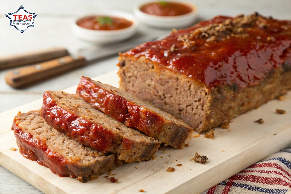 The baked Texas meatloaf sliced to show a juicy interior with a caramelized chili-tomato glaze on top