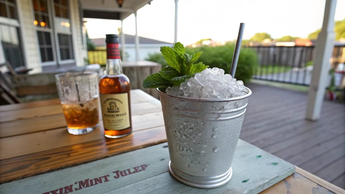 Texas mint julep in a frosted silver Tiffany julep cup with a tall mint bouquet, peach slice garnish, and crushed ice on a Hill Country porch