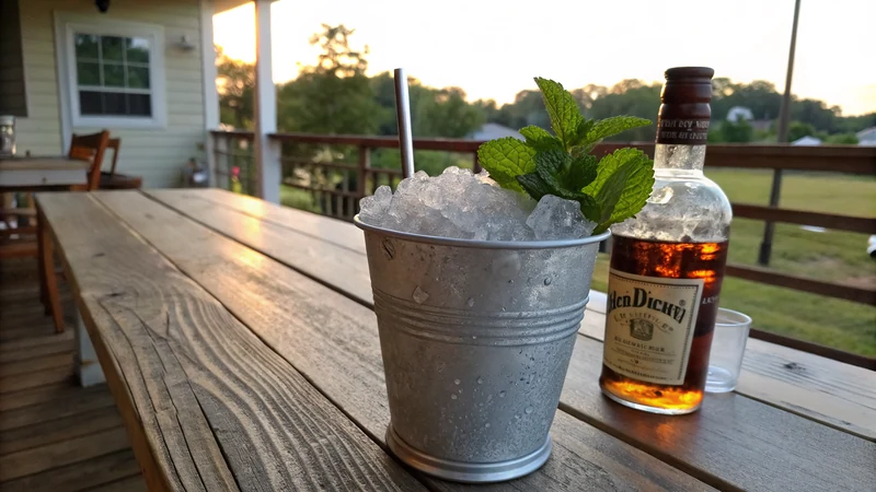 Close-up of fresh spearmint leaves and Hill Country peach slices being muddled gently in the bottom of a silver julep cup with simple syrup