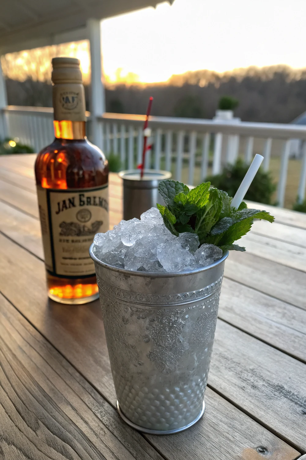 Vertical view of a Texas mint julep with mint bouquet against a Fredericksburg peach orchard backdrop, save this Hill Country Derby Day cocktail