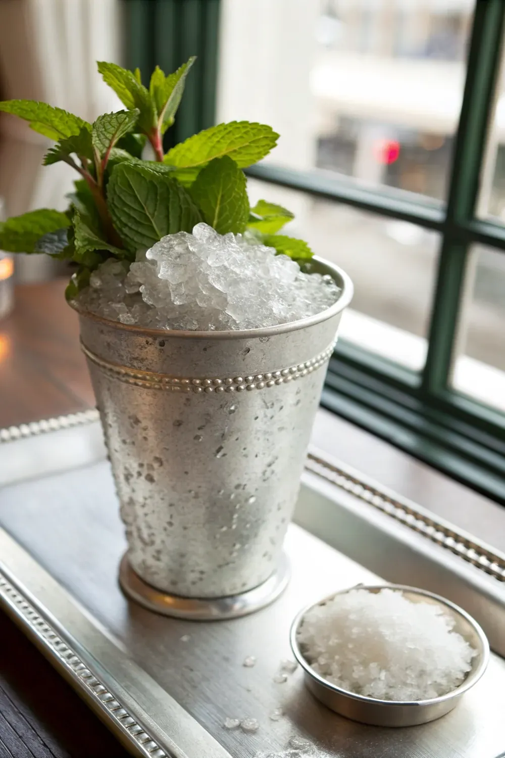 Vertical view of a Texas mint julep with mint bouquet against a Fredericksburg peach orchard backdrop, save this Hill Country Derby Day cocktail