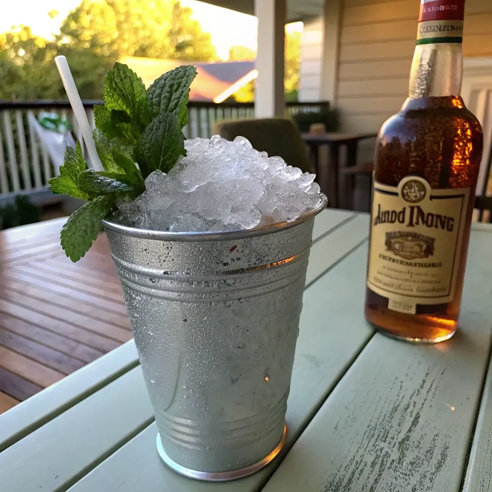 Overhead view of two frosted silver julep cups with mint juleps, a bottle of Garrison Brothers bourbon, fresh peaches, and a Lewis bag of crushed ice