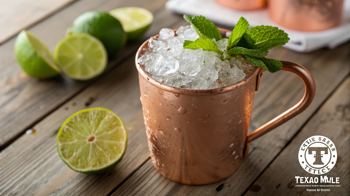 Texas Mule cocktail in a frosty copper mug with crushed ice, a fresh lime wheel, and a green mint sprig on a rustic wood table