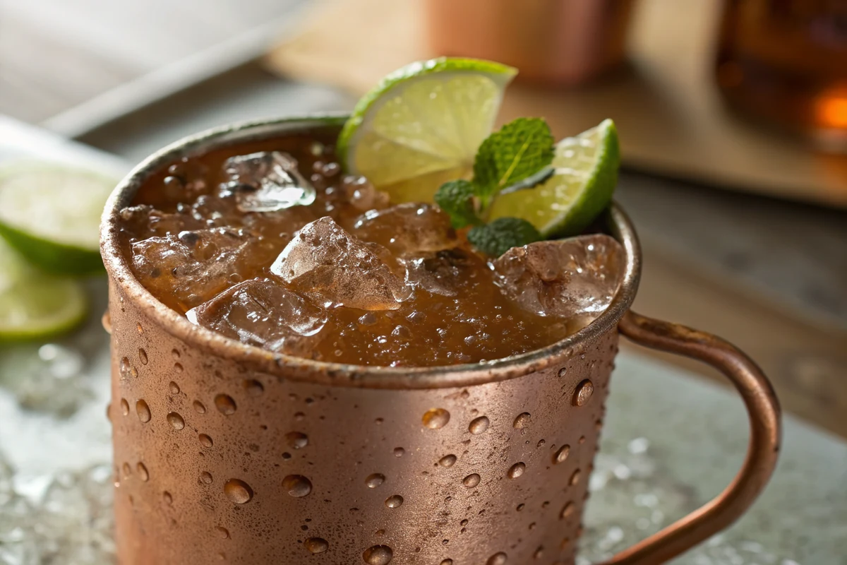 Close-up of a sweating copper mug holding a Texas Mule with lime juice and spicy ginger beer over crushed ice
