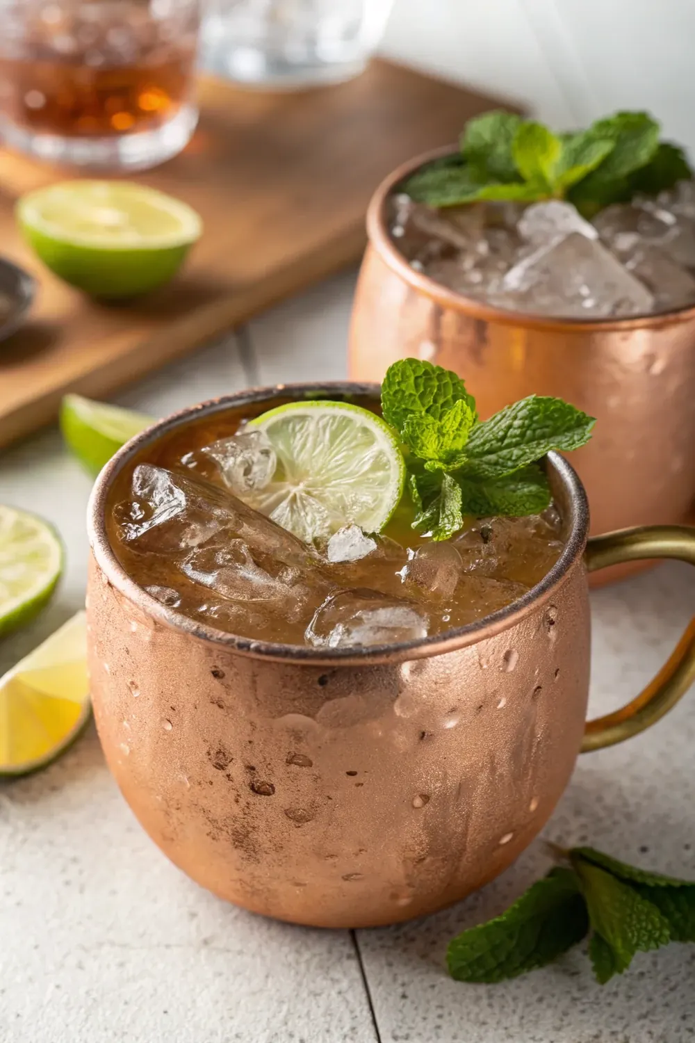 Vertical shot of an icy copper-mug Texas Mule with a lime wheel and mint sprig, save this easy Texas summer cocktail recipe
