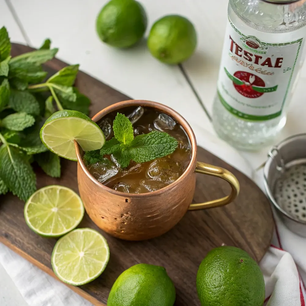 Overhead view of a Texas Mule in a copper mug surrounded by fresh limes, mint, and a bottle of Texas vodka