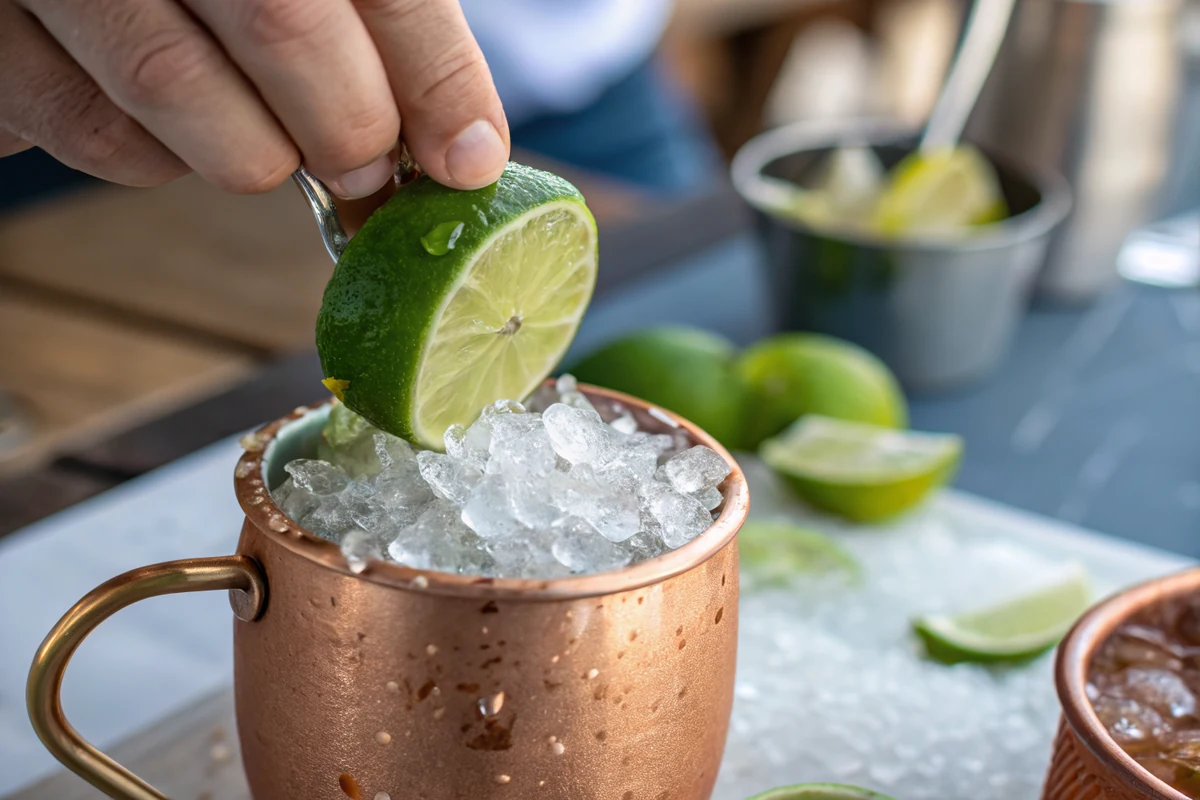 A fresh lime being squeezed over a copper mug filled with crushed ice