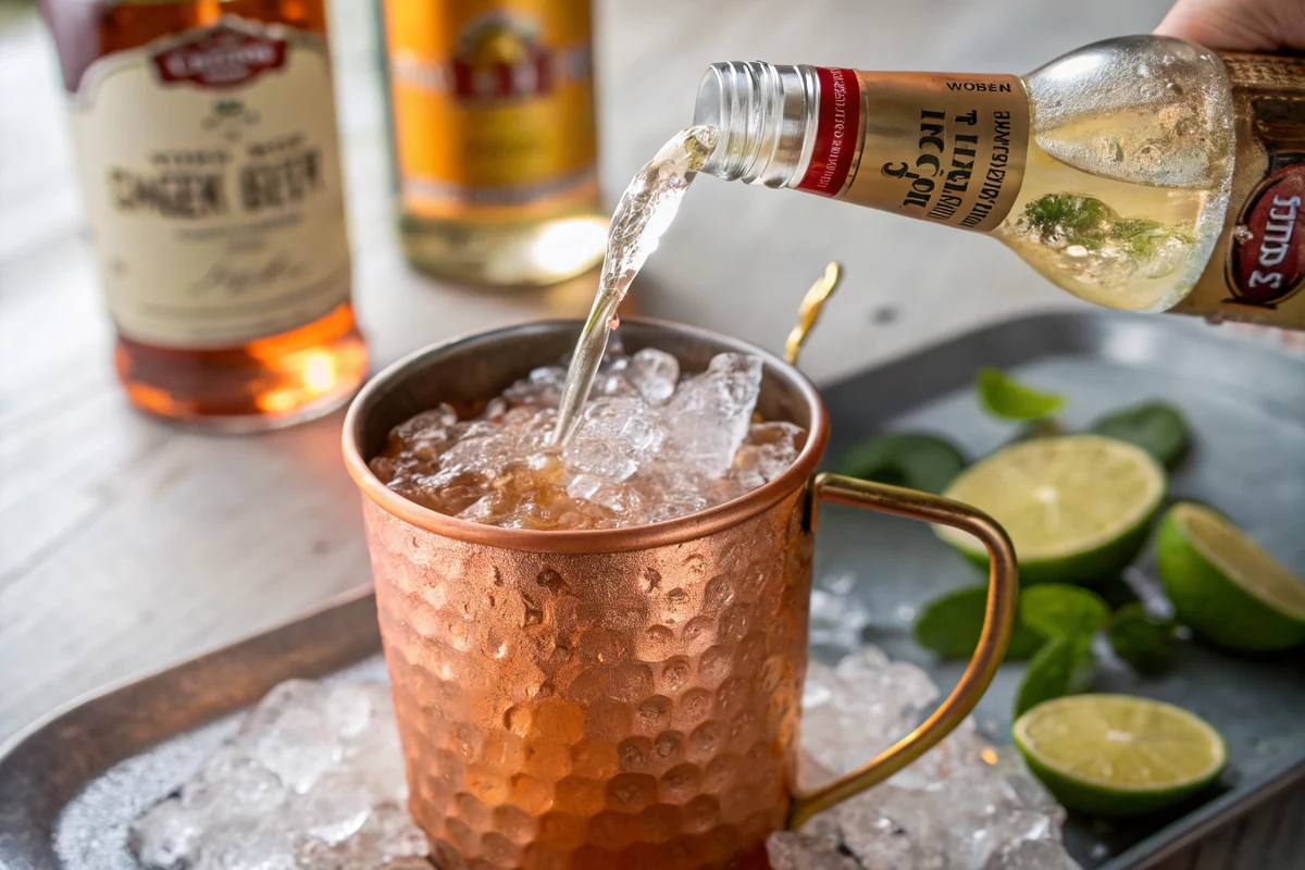 Spicy ginger beer being poured into a copper mug filled with crushed ice and vodka