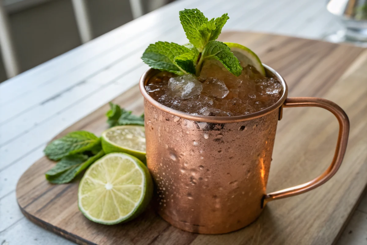 A finished Texas Mule in a frosty copper mug garnished with a lime wheel and a fresh mint sprig