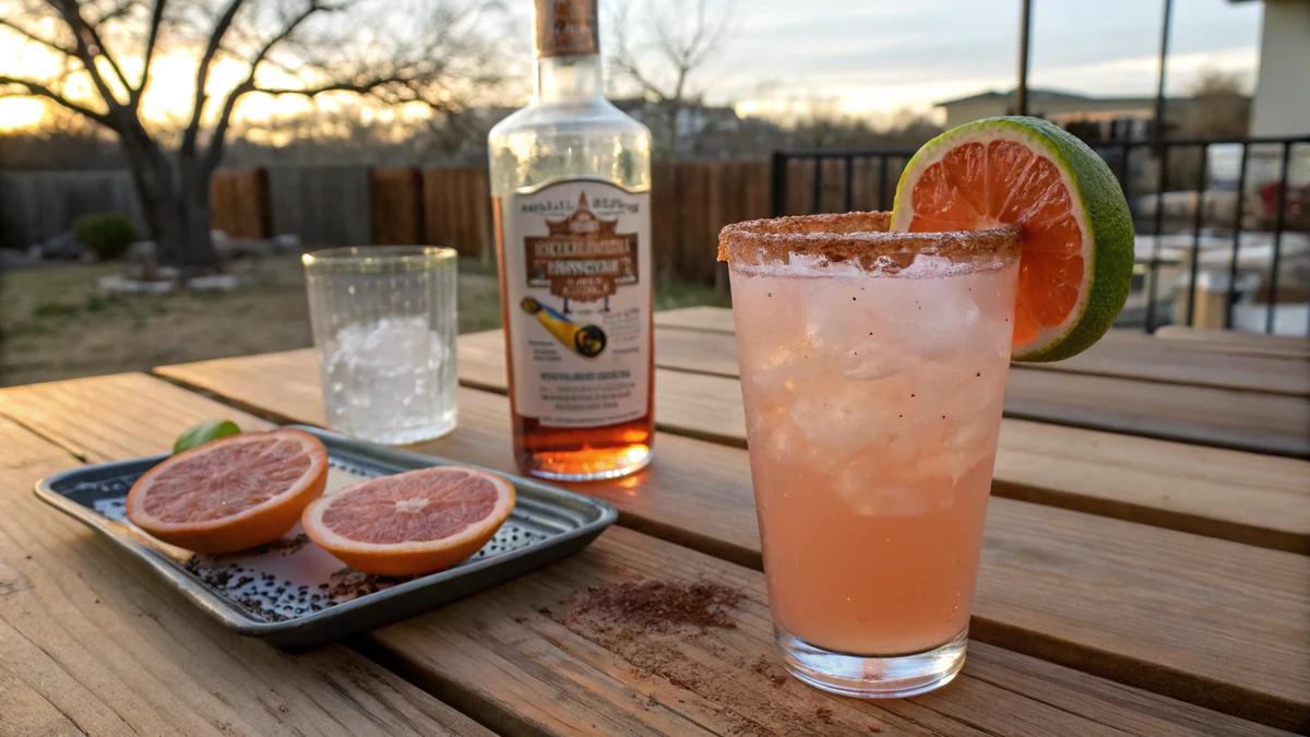 Texas paloma cocktail in a highball glass with a Tajin chile-lime salt rim, ruby red grapefruit wedge, and Topo Chico bottle on a rustic wood bar in San Antonio