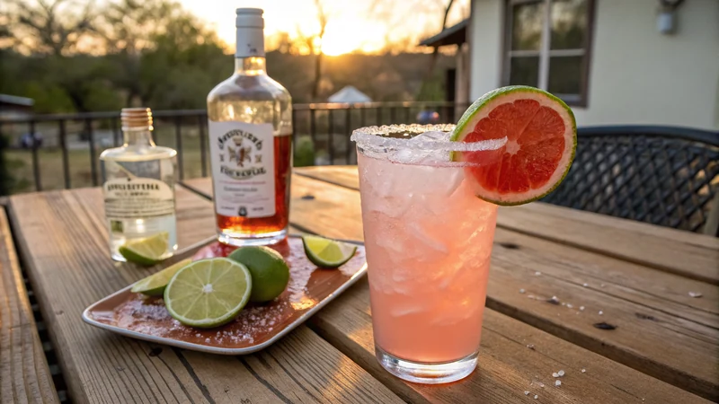 Close-up of fresh ruby red grapefruit being juiced by hand over a tin shaker, with blanco tequila and a halved lime nearby on a Hill Country kitchen counter