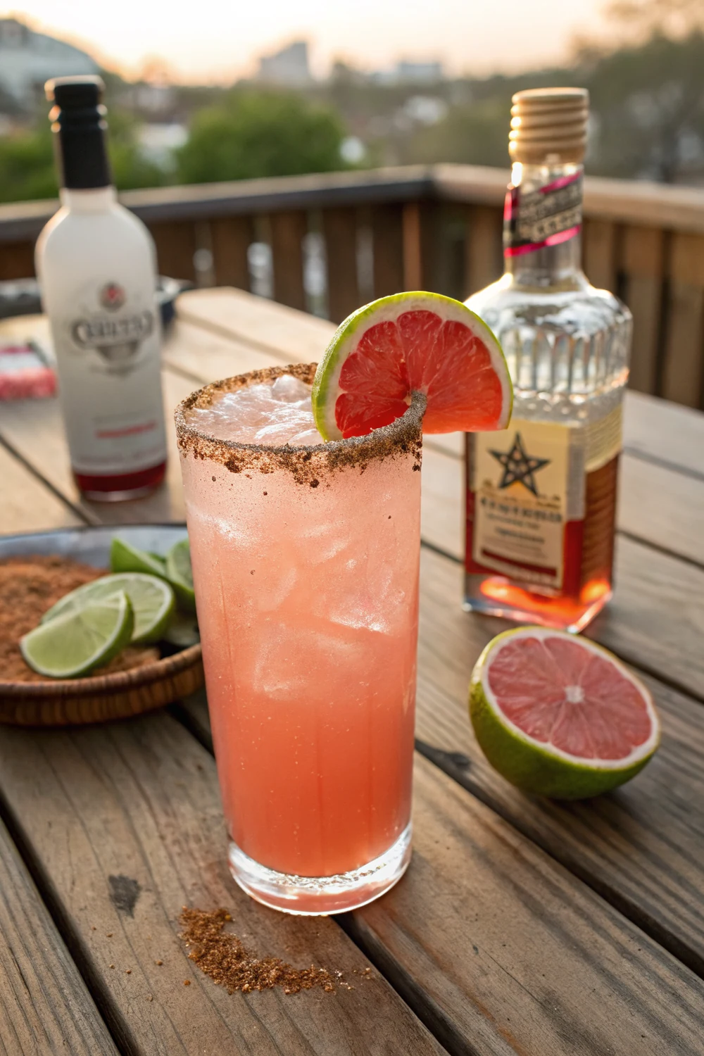 Vertical view of a pink Texas paloma cocktail with a bright red Tajin rim and a grapefruit wheel, save this border-town Tex-Mex cocktail recipe