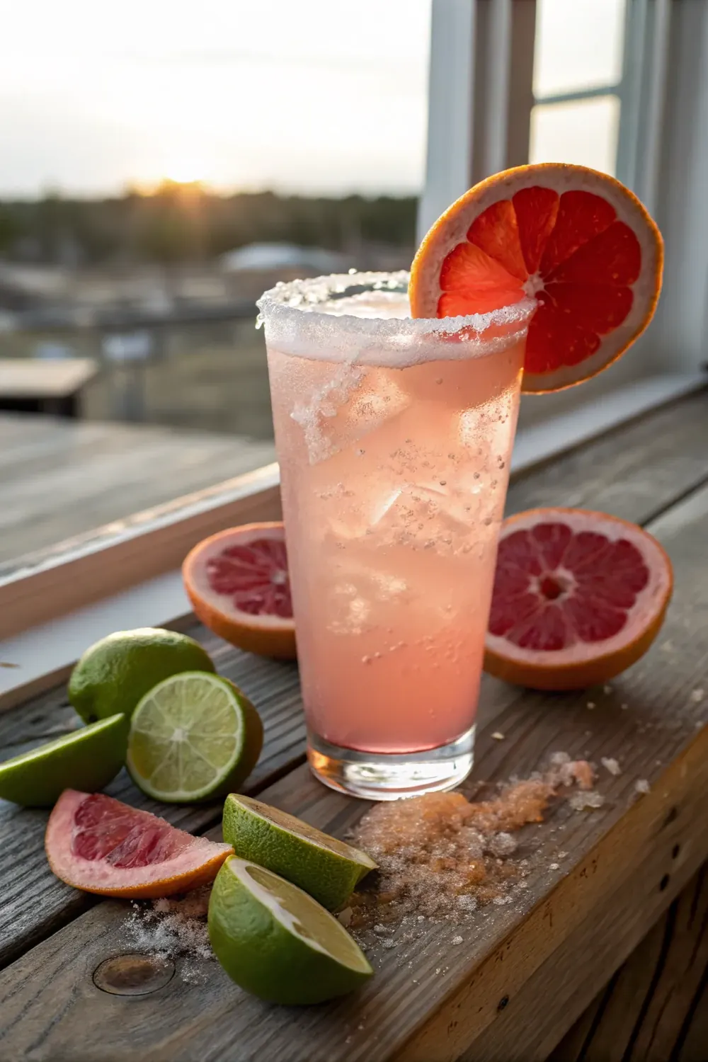 Vertical view of a pink Texas paloma cocktail with a bright red Tajin rim and a grapefruit wheel, save this border-town Tex-Mex cocktail recipe