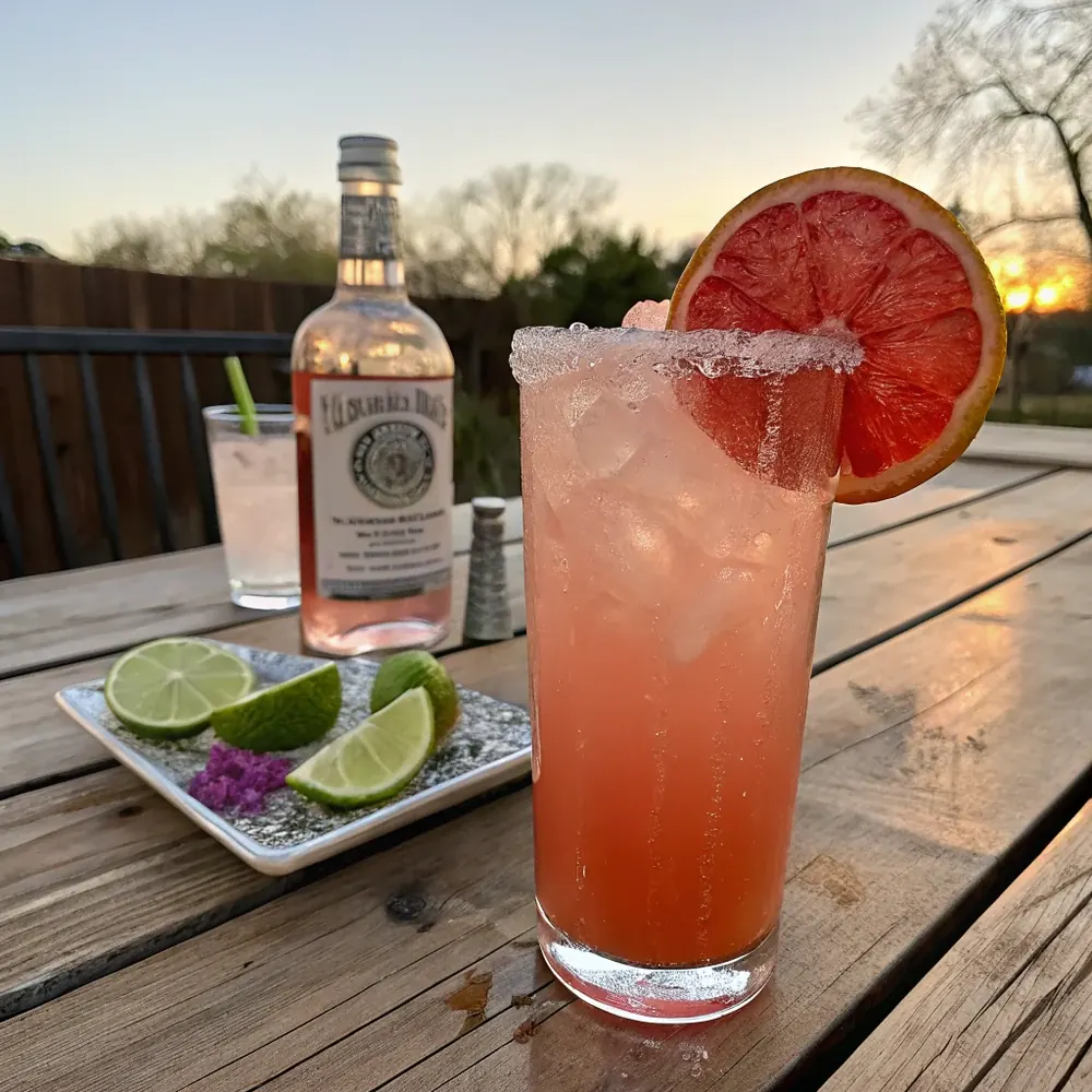 Overhead view of two Texas palomas with Tajin rims and grapefruit wedges, surrounded by Texas Rio Red grapefruit halves, fresh limes, and a bottle of Espolon Blanco