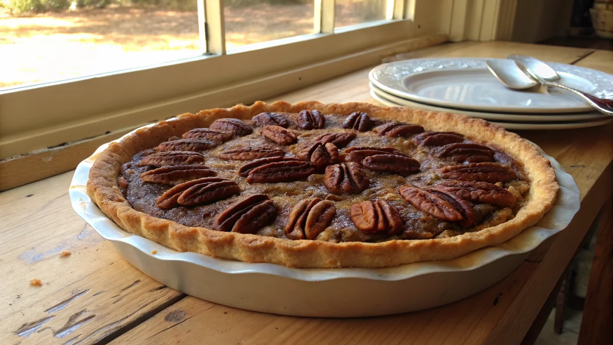 Texas Pecan Pie recipe by Chef Mia, photographed in a natural light Texas kitchen