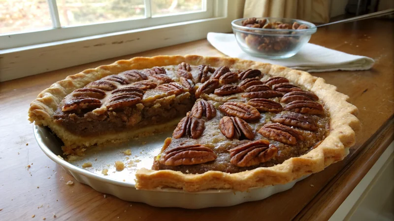 Close-up of pecan pie filling showing glossy dark amber color, intact pecan halves, and a fork pulling away a clean slice