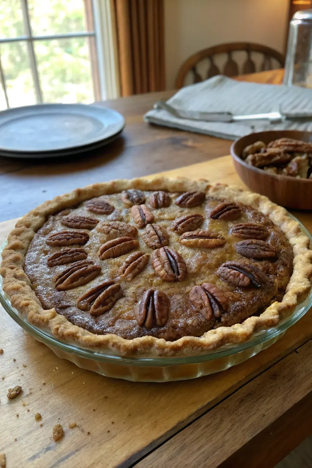 Texas pecan pie sliced and styled vertically, golden crust, arranged pecans, save for Thanksgiving