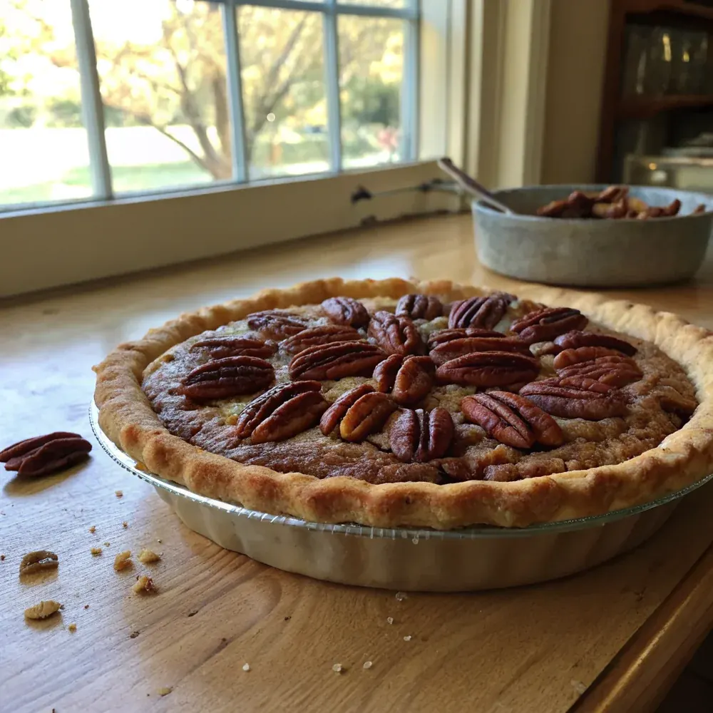Whole Texas pecan pie cooling on a wooden board next to a coffee cup and a small bottle of bourbon, overhead view
